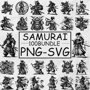 May include: A set of black and white illustrations depicting samurai warriors in action, with swords and armour. The image includes the text "SAMURAI 100BUNDLE PNG-SVG" within a rectangular border.