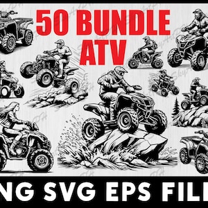 Può includere: Un download digitale di 50 design di ATV in bianco e nero. I design presentano vari modelli di ATV, piloti e paesaggi. Il testo "50 Bundle ATV" è visualizzato in rosso nella parte superiore dell'immagine. Il testo "PNG SVG EPS Files" è visualizzato nella parte inferiore dell'immagine.