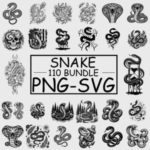 Puede incluir: Una colección de 20 ilustraciones de serpientes en blanco y negro con diversos diseños. Los diseños incluyen serpientes con elementos florales, relojes de arena y calaveras. El texto "SNAKE 110 BUNDLE PNG-SVG" se muestra en un rectángulo negro.