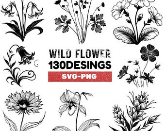 Wildflower SVG PNG Bundle: 130 Hand-Drawn Floral Designs