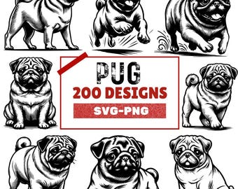 Pug Clipart Bundle: 200 Adorable Dog Designs (PNG SVG)