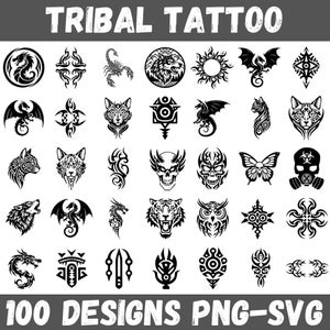 May include: A collection of black tribal tattoo designs, including dragons, wolves, skulls, and geometric patterns. The text "TRIBAL TATTOO" and "100 DESIGNS PNG-SVG" are displayed in white.