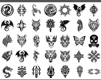 トライバルタトゥー バンドル 100 デザイン PNG SVG、ドラゴン ウルフ