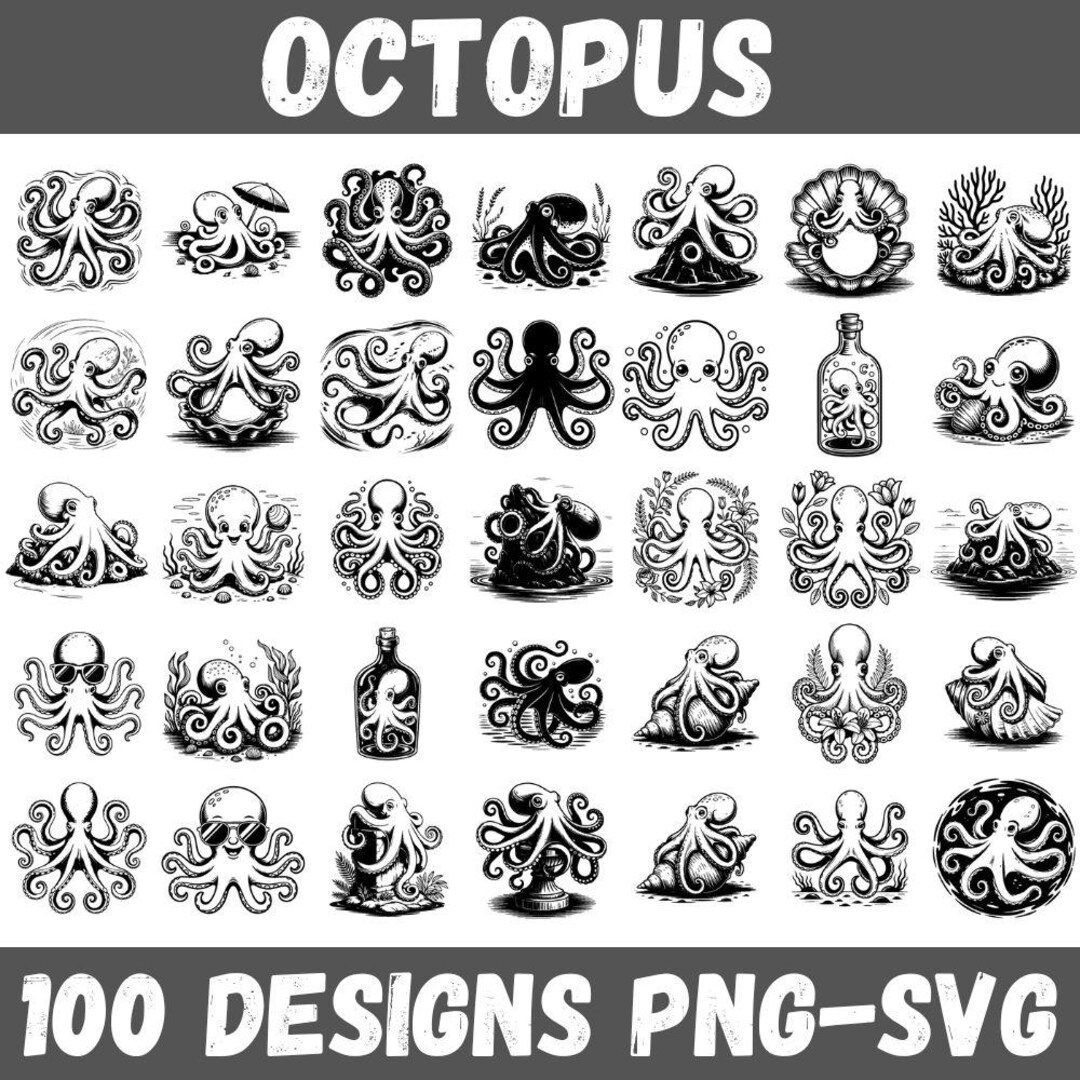 Octopus SVG PNG Bundle: 100 Unique Ocean Designs (digital Download ...