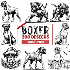 Puede incluir: Un conjunto de ilustraciones en blanco y negro de perros Boxer en varias poses. Las ilustraciones son de estilo vintage y presentan el texto "BOXER 200 DESIGNS SVG-PNG".