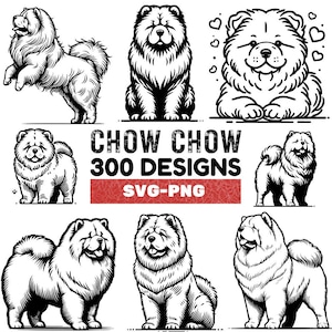 May include: A set of black and white illustrations of Chow Chow dogs in various poses. The illustrations are in a cartoon style and feature the dogs with fluffy fur and expressive faces. The text "Chow Chow 300 Designs SVG-PNG" is displayed in red at the bottom of the image.