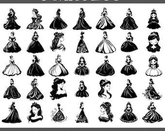 Paquete SVG de siluetas de princesas: 100 diseños elegantes (descarga digital)