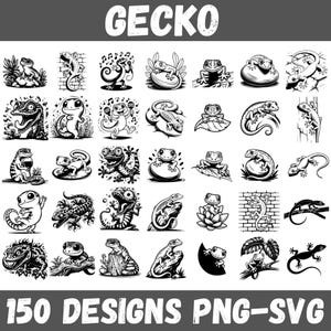 May include: Black and white illustrations of geckos in various poses. The word "GECKO" is at the top, and the text "150 DESIGNS PNG-SVG" is at the bottom. The geckos are depicted in different styles, some cartoonish and others more realistic.