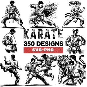 Puede incluir: Un conjunto de ilustraciones en blanco y negro de karatecas en varias poses. Las ilustraciones son de estilo vintage y presentan un trabajo de línea detallado. El texto "KARATE 350 DESIGNS SVG-PNG" se muestra en la parte superior de la imagen.
