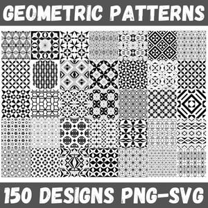 Puede incluir: Una cuadrícula de 36 patrones geométricos en blanco y negro, cada uno con un diseño único. El texto "GEOMETRIC PATTERNS" está en la parte superior y "150 DESIGNS PNG-SVG" en la inferior, mostrando varios diseños gráficos.