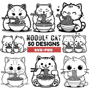 Lindo paquete SVG de gato con fideos, 50 gatos kawaii comiendo ramen PNG, adorable gatito clipart, vector de amante de la comida asiática, descarga digital