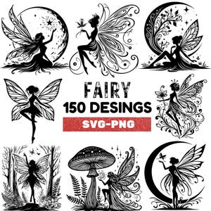 Puede incluir: Una colección de 150 diseños de hadas en SVG y PNG en blanco y negro. Los diseños presentan hadas con alas, flores y otros elementos caprichosos.
