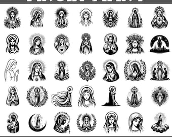 Paquete de 170 diseños religiosos de la Virgen María (SVG/PNG) / Imágenes prediseñadas de la Santa Madre / Silueta de Santa Católica / Arte vectorial de la Santísima María para Cricut