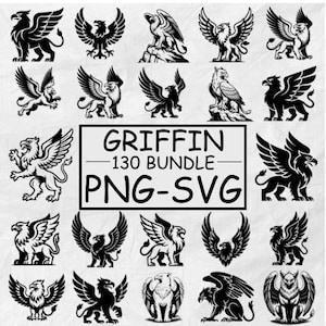 May include: A collection of griffin illustrations in black and white. The images feature various poses of the mythical creature, with eagle-like heads and wings, and the body of a lion. Text in the center reads "GRIFFIN - 130 BUNDLE - PNG-SVG".