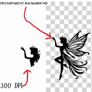 May include: Black silhouette of a fairy with detailed wings, crown, and flowing hair. The image includes a smaller version of the fairy and text that reads "TRANSPARENT BACKGROUND" and "300 DPI".