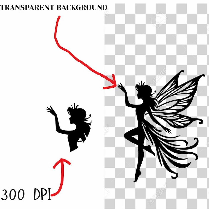 May include: Black silhouette of a fairy with detailed wings, crown, and flowing hair. The image includes a smaller version of the fairy and text that reads "TRANSPARENT BACKGROUND" and "300 DPI".