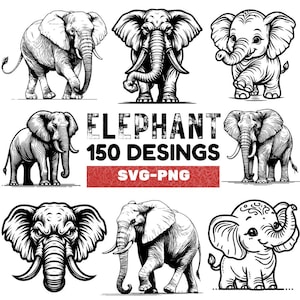 May include: A collection of 150 black and white elephant illustrations in SVG and PNG format. The illustrations feature various poses and styles of elephants, including a baby elephant, a side view of an elephant, and an elephant with its trunk raised.