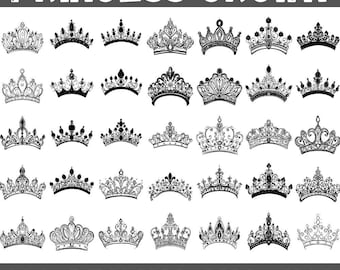May include: A collection of 30 black and white princess crown designs. The text "PRINCESS CROWN" is at the top, and "100 DESIGNS PNG-SVG" is at the bottom. The crowns vary in style, with ornate details.
