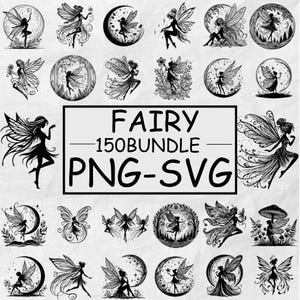Può includere: Una collezione di illustrazioni di fate in bianco e nero. Le immagini presentano fate in varie pose, alcune con le ali, ambientate su lune, fiori e altri elementi naturali. Il testo "FAIRY 150BUNDLE PNG-SVG" è visualizzato in una cornice rettangolare.