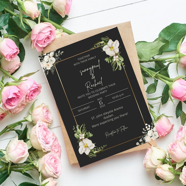 Black Luxury Classy Wedding Invitation | Black and White Wedding Invitation Set | Modern Editable Template | INSTANT Download | QR Code Rsvp