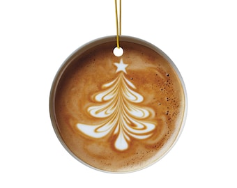 Miłośnicy latte na Boże Narodzenie, miłośnicy kawy, zimowa ozdoba, ceramiczna ozdoba, choinka, ozdoba latte, miłośnik kawy, sztuka latte, wiecznie zielone espresso
