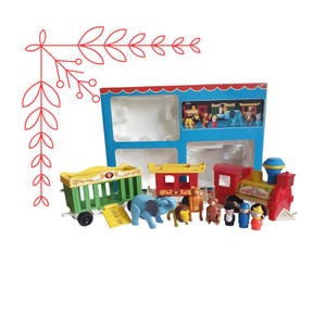 May include: A vintage circus train toy set featuring a red locomotive with a blue smokestack, a yellow animal cage wagon, and a red passenger car. The set includes plastic animal figures like an elephant, lion, and monkey, plus small human figures.