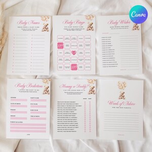 Pink Floral Baby Shower Game Pack: Bear Advice Cards (Canva Template)