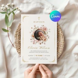 Baptism Invitation Canva Template, Floral Baptism Invitation, Botanical Christening Baptism Invitation Template, Printable Photograph Invite