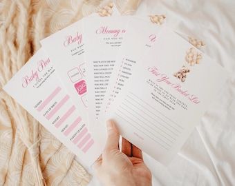 Pink Bear Baby Shower Spiele Bundle, minimalistische Party Printables bearbeitbare Canva Vorlage
