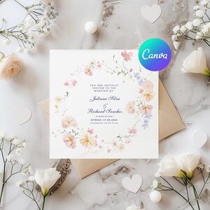 Wildflower Wedding Invitation Canva Template Printable Square Wedding Invite Spring Floral Editable Wedding Invitation