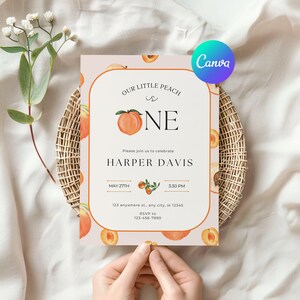 Peach First Birthday Invitation: Editable Canva Template (Digital Download)