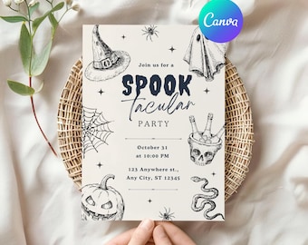 Può includere: Un invito a una festa di Halloween con sfondo beige. L'invito presenta illustrazioni di un cappello da strega, ragnatele, ragni, un fantasma, una zucca, un teschio con bottiglie di champagne e un serpente. Il testo recita "Spooktacular Party".