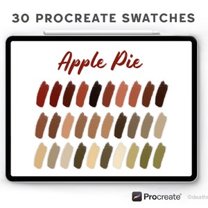 Könnte beinhalten: Ein digitales Tablet zeigt 30 Procreate-Farbfelder in einer "Apple Pie"-Farbpalette. Die Farbfelder reichen von tiefen Rot- und Brauntönen bis hin zu helleren Beige- und Grüntönen. Das Tablet hat einen Stift und das Procreate-Logo.