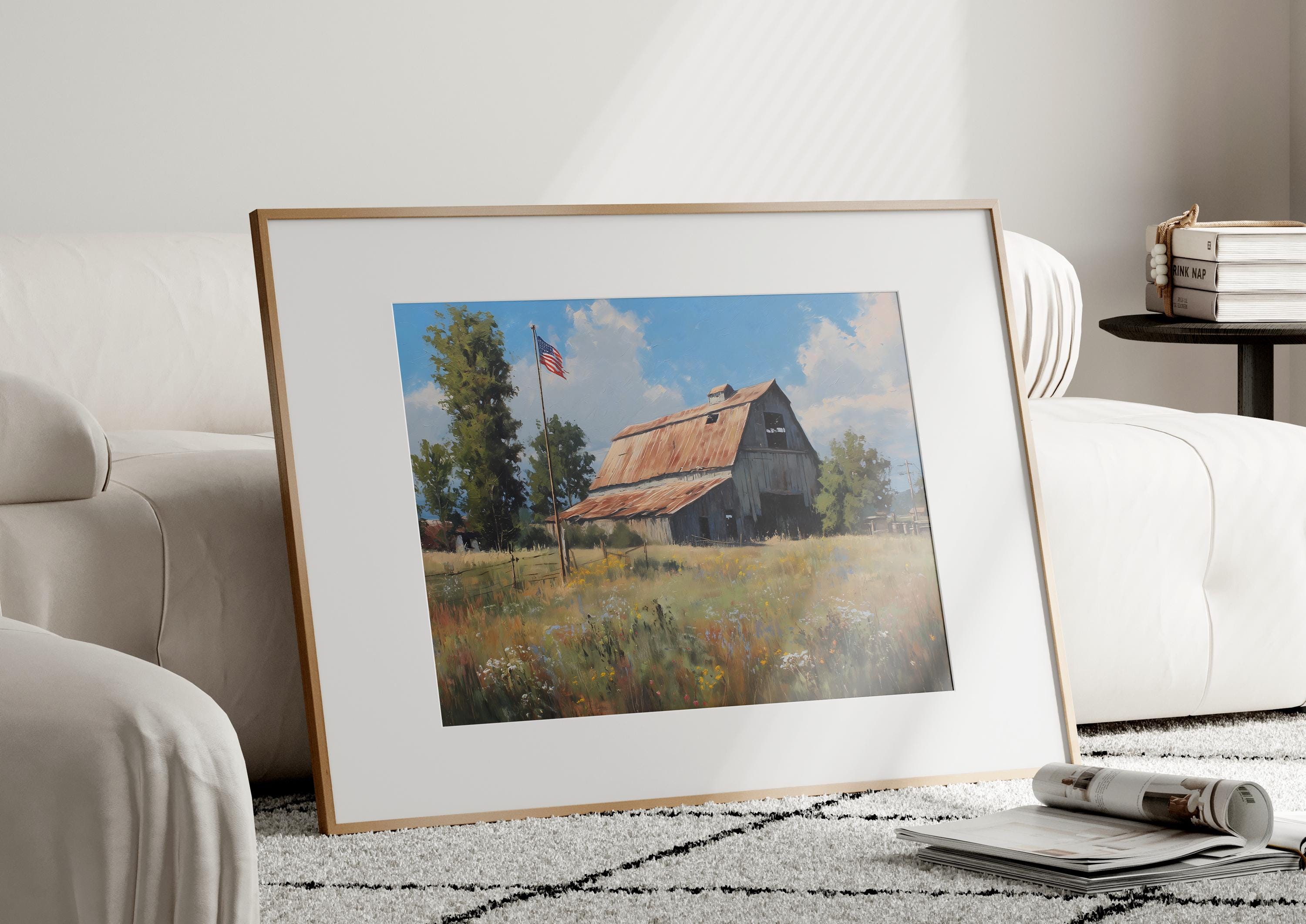 Bauernhaus-Wandbild Gerahmt – Rustikale Scheune Mit US-Flagge, 101,6x50,8 Cm – Deko Für Wohnzimmer & Büro
