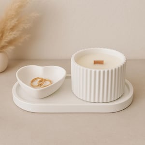 Soy Wax Candle with Wooden Wick in Gypsum Jar + Tray & Heart Dish | Minimalist Decorative Set | Handmade Gift for Home Spa or Bedroom Decor