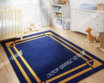 Luxury Navy Blue Area Rug with Elegant Gold Border for Living Room & Bedroom