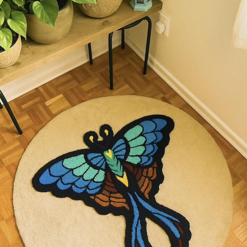 Multicolor Butterfly Print Round Rug