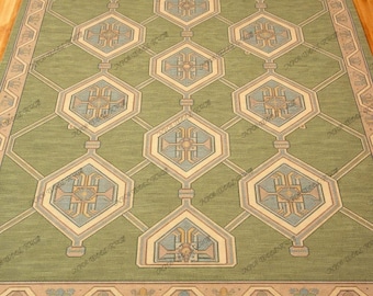 Handmade Sage Green Oushak Wool Rug, Vintage Turkish Style Geometric Carpet