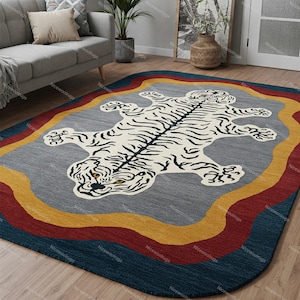 Alfombra ondulada de 8 x 10 pulgadas hecha a mano con tigre tibetano, alfombra con mechones a mano, estampado animal, 100 % lana, para sala de estar, dormitorio, habitación de niños, decoración del hogar.