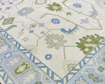 Hand-Knotted Oushak Wool Rug, Beige Blue Green, Vintage Style (10x14)