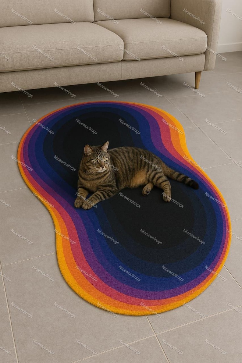 May include: A colorful, abstract rug with a layered design in shades of orange, yellow, purple, and blue. A brown tabby cat is lying on the black center of the rug. The rug is on a tiled floor.