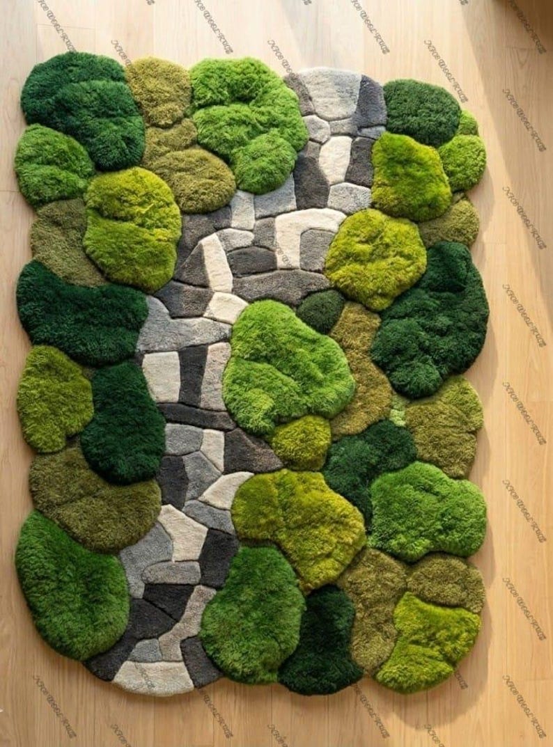 Moss Stone Path Tufted Rug, Nature Inspired Green Area Rug, 3D Pebble ...