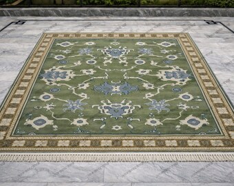 Green Geometric Runner Rug | Handmade Flat Weave Wool  carpet,