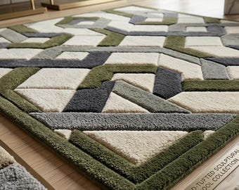 Tappeto moderno geometrico trapuntato / Tappeto astratto trapuntato a mano / Tappeto di lusso per pavimenti verde, grigio e crema