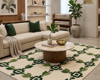 Handmade Green Leaf Area Rug, Geometric Botanical Carpet, Modern Tufted Rug, Nature Inspired Living Room Rug, Contemporary Home Decor