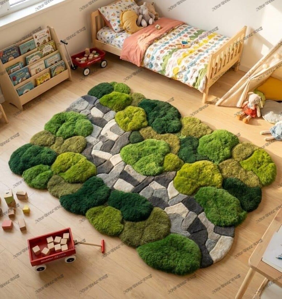 Stone Path Rug Moss Stone Path Tufted Rug, Nature Inspired Green Area Rug, 3D Pebble ...