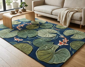 Alfombra con diseño de nenúfares y peces koi, alfombra japonesa para estanques, alfombra verde musgo con textura 3D, decoración de sala de estar inspirada en la naturaleza, alfombra decorativa de estilo zen para el hogar.