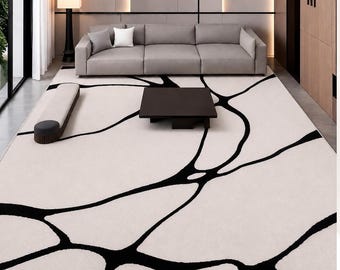 Hand Tufted Abstract Black White Gold Rug, Modern Luxury Area Rug