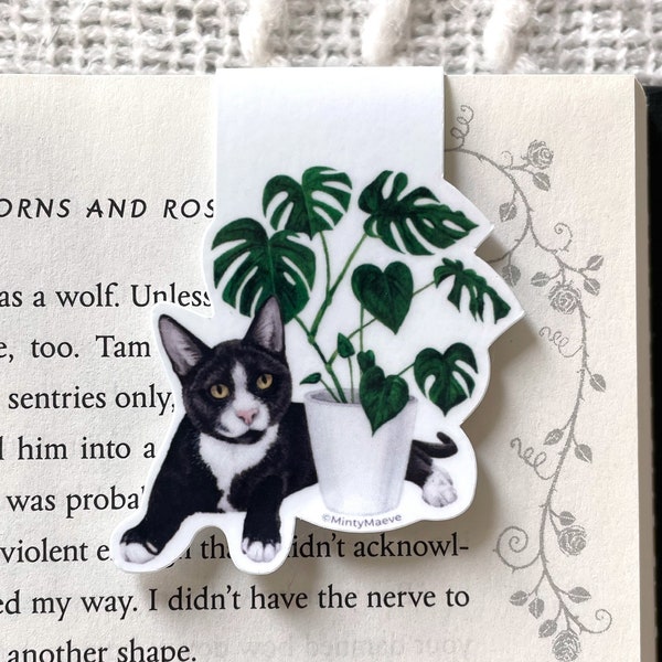 Tuxedo Cat with Monstera Magnetic Bookmark | Magnet Bookmark | Bookish Bookmark | Reading Gift | Bookish Gift | Tuxedo Cat Bookmark |