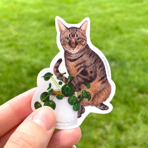 May include: A sticker featuring a watercolor illustration of a tabby cat sitting next to a potted plant. The cat is looking directly at the viewer with a serious expression. The plant is a round-leafed variety with green leaves and a white pot.